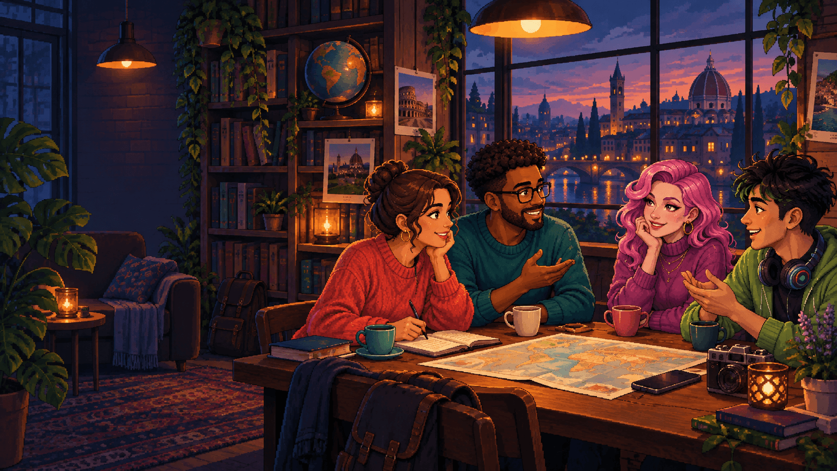 Friends planning a trip around a map in a warmly lit café