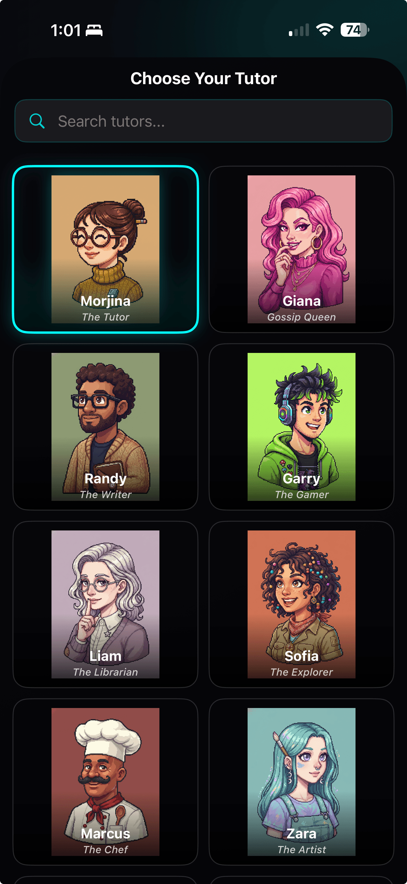 The Yapr app tutor selection screen with pixel-art conversation partners