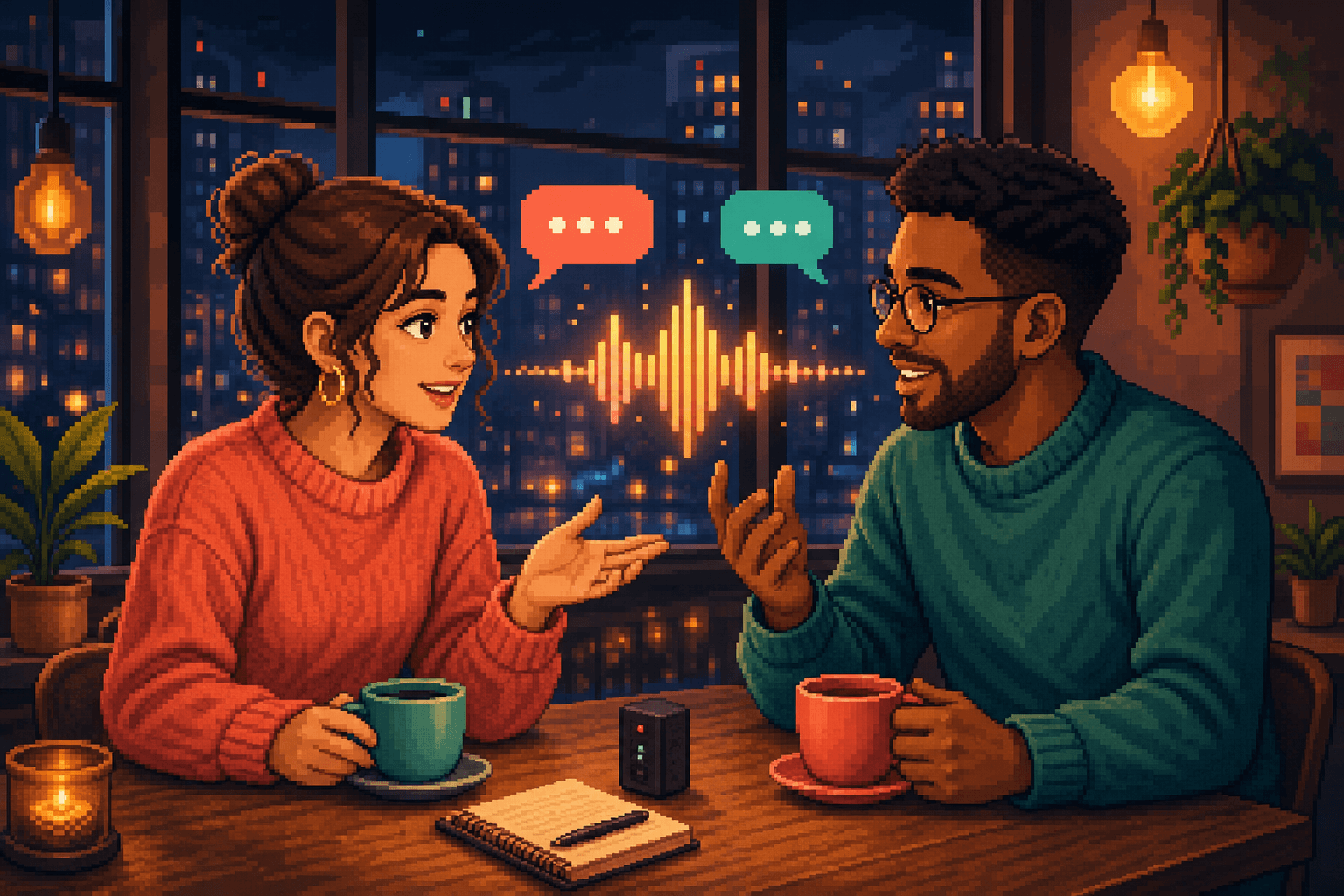 Pixel art conversation partners practicing together in a warm evening cafe
