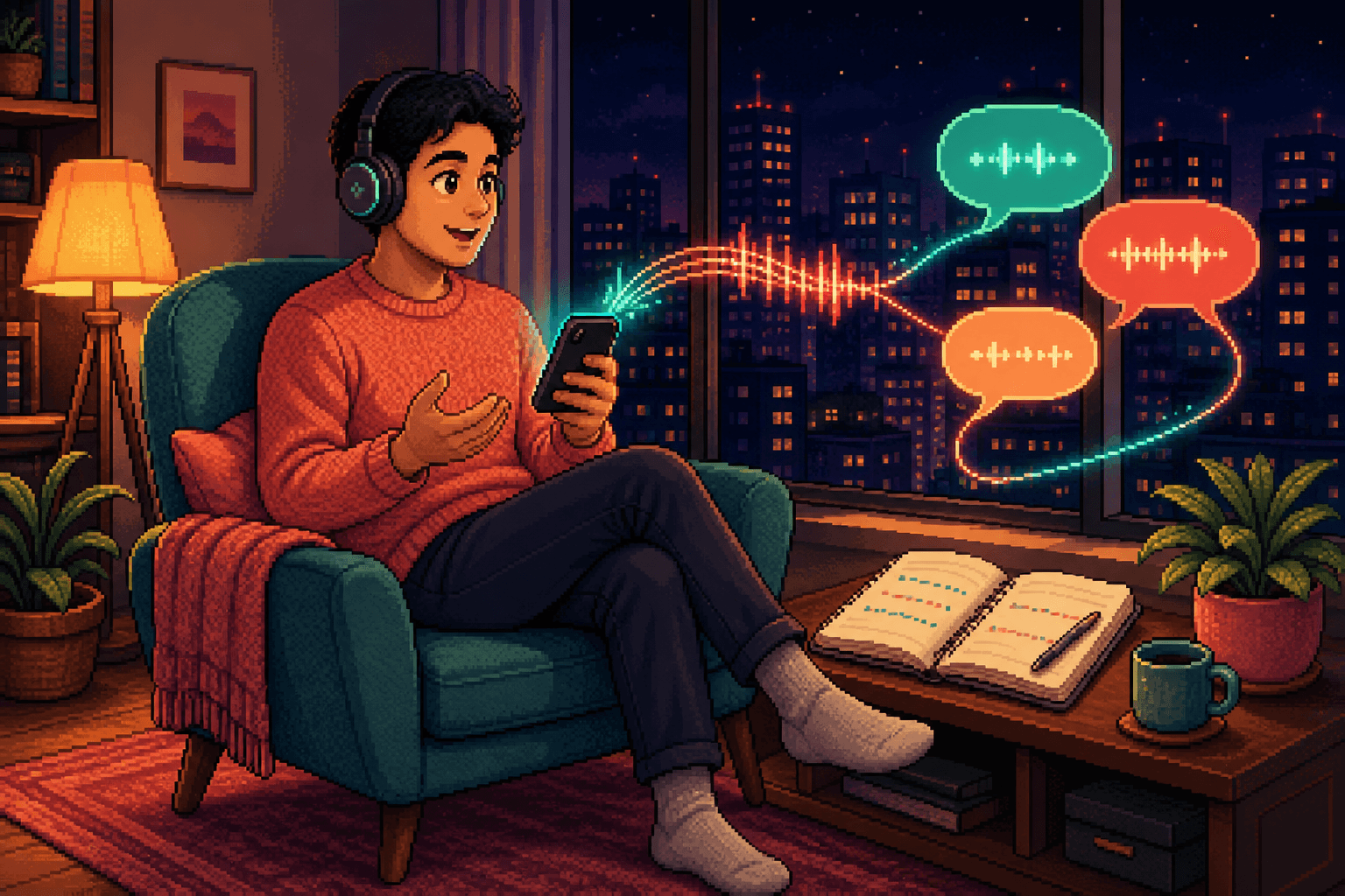 Pixel art learner practicing aloud with headphones and a phone in a cozy room at night