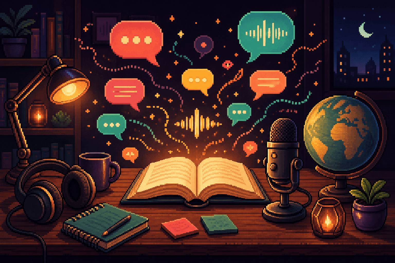 Pixel art language studio with a glowing book, microphone, headphones, globe, and conversation bubbles
